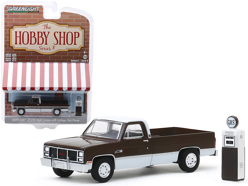 CHASE 1984 GMC 2500 High Sierra Pickup Truck Brown Metallic and White and Vintage Gas Pump "The Hobby Shop" Series 8 Diecast 1:64 Model - Greenlight - 97080D