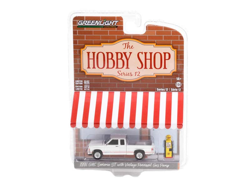 CHASE 1991 GMC Sonoma ST w/ Vintage Pennzoil Gas Pump (The Hobby Shop) Series 12 Diecast 1:64 Model Car - Greenlight 97120D