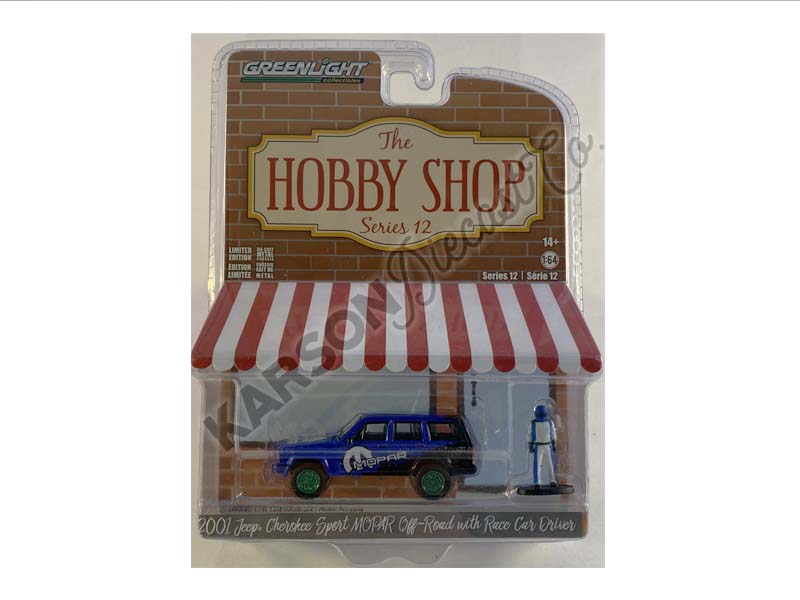 CHASE 2001 Jeep Cherokee Sport - MOPAR Off-Road w/ Race Car Driver (The Hobby Shop) Series 12 Diecast 1:64 Model Car - Greenlight 97120E