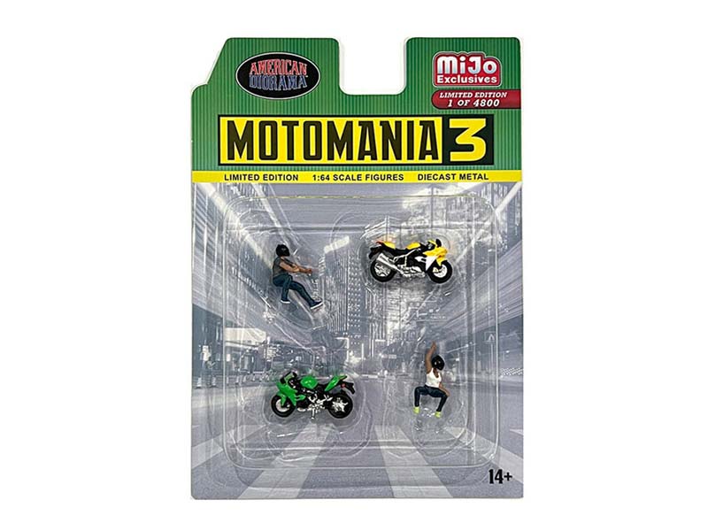 Moto Mania 3 Figure & Bike Set (MiJo Exclusives) Diecast 1:64 Scale Model - American Diorama AD76499