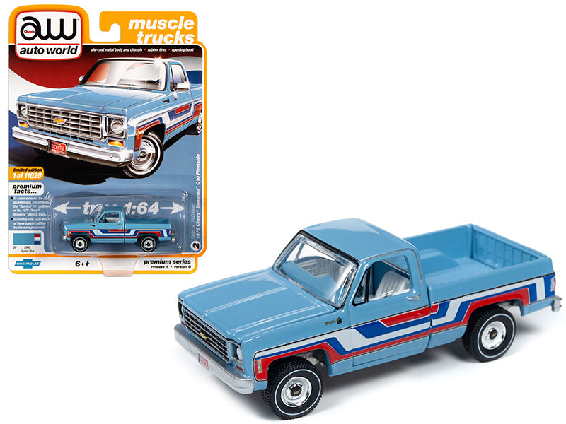1976 Chevrolet Bonanza C10 Fleetside Pickup Truck "Bicentennial Edition" Skyline Blue with Stripes "Muscle Trucks" Limited Edition to 11,020 pieces Worldwide 1:64 Diecast Model - Autoworld - AW64242B