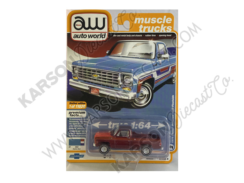 CHASE 1976 Chevrolet Bonanza C10 Fleetside Pickup Truck "Bicentennial Edition" Skyline Blue with Stripes "Muscle Trucks" Limited Edition to 11,020 pieces Worldwide 1:64 Diecast Model - Autoworld - AW64242B