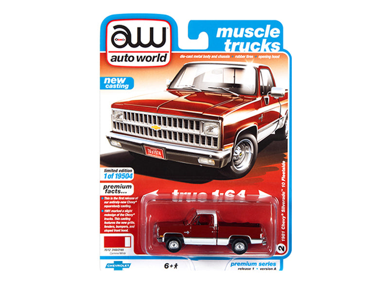 1981 Chevrolet Silverado 10 Fleetside Red & White "Muscle Trucks" Limited to 19504 pcs Worldwide 1:64 Diecast Model - Auto World 64302A
