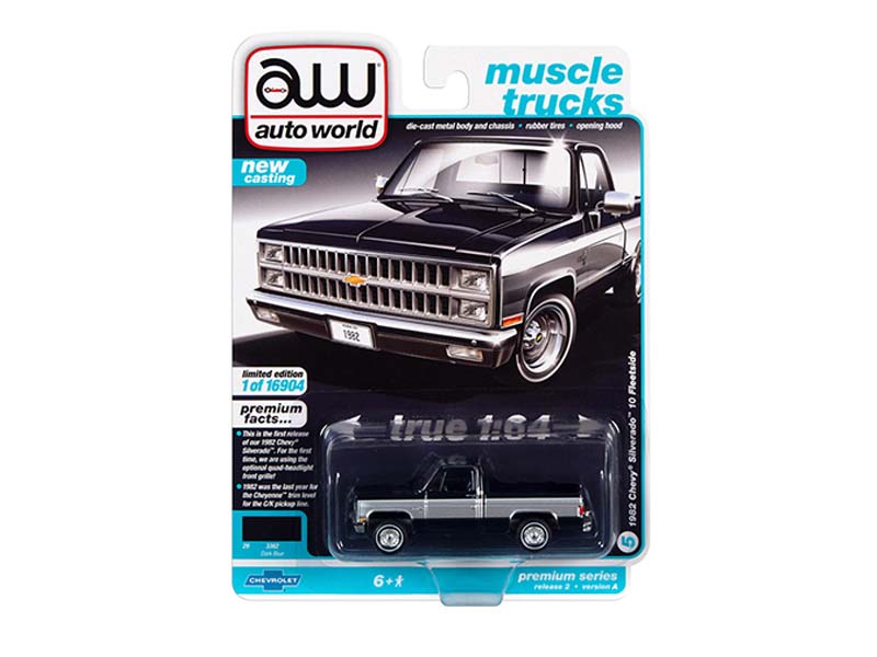 CHASE 1982 Chevrolet Silverado 10 Fleetside Pickup Truck - Blue (Muscle Trucks) Limited Edition to 16904 pcs Diecast 1:64 Scale Model - Autoworld 64312A