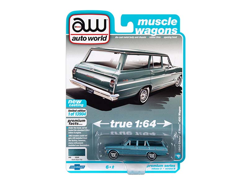 1963 Chevrolet II Nova 400 Station Wagon - Azure Aqua Blue Metallic (Muscle Wagons) Limited to 13904 pcs Diecast 1:64 Model - Autoworld 64312B