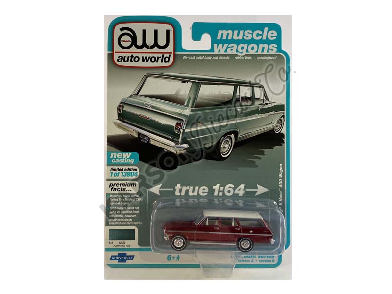 CHASE 1963 Chevrolet II Nova 400 Station Wagon - Azure Aqua Blue Metallic (Muscle Wagons) Limited to 13904 pcs Diecast 1:64 Model - Autoworld 64312B