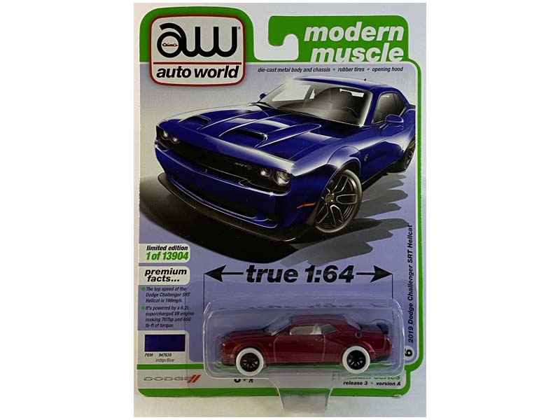 CHASE 2019 Dodge Challenger SRT Hellcat Indigo Blue Metallic (Modern Muscle) Limited Worldwide Diecast 1:64 Scale Model - Autoworld 64322A