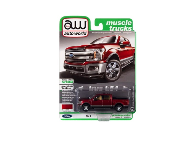 2019 Ford F-150 Lariat 4x4 Pickup Truck - Ruby Red Metallic (Muscle Trucks) Limited Edition Diecast 1:64 Scale Model - Autoworld 64322A