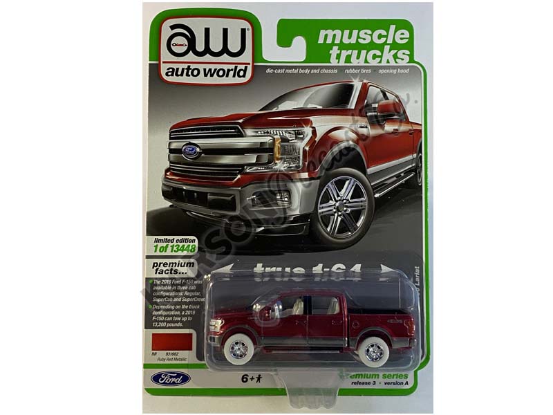 CHASE 2019 Ford F-150 Lariat 4x4 Pickup Truck - Ruby Red Metallic (Muscle Trucks) Limited Edition Diecast 1:64 Scale Model - Autoworld 64322A