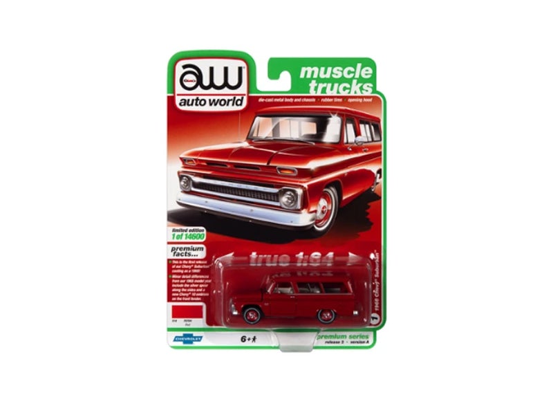CHASE 1966 Chevrolet Suburban Red w/ White Interior (Muscle Trucks) Limited to 14600 pcs Worldwide Diecast 1:64 Model Car - Autoworld 64322A