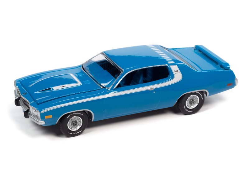1973 Plymouth Road Runner Basin Street Blue w/ White Side & Roof Stripes (Premium 2022 Release 1B) Diecast 1:64 Scale Model - Auto World AW64352B