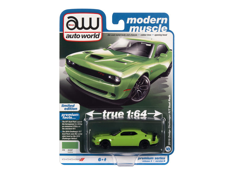 2019 Dodge Challenger R/T Scat Pack - Sublime Green w/ Black Tail Stripe (Premium 2022 Release 3B) Diecast 1:64 Scale Model - Auto World AW64372B