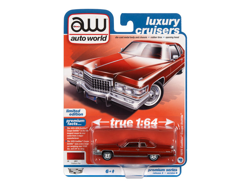 1975 Cadillac Coupe DeVille Firethorn Red Metallic w/ Firethorn Red Vinyl Top (Premium 2022 Release 3B) Diecast 1:64 Scale Model - Auto World AW64372B