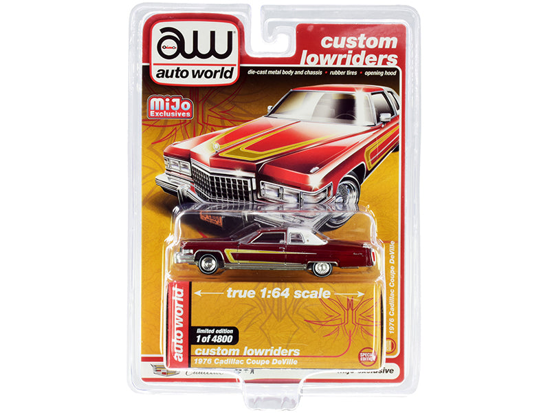 1976 Cadillac Coupe DeVille Burgundy and White with Chrome Wheels "Custom Lowriders" Limited Edition to 4800 pieces Worldwide 1:64 Diecast Model Car - Autoworld - CP7661