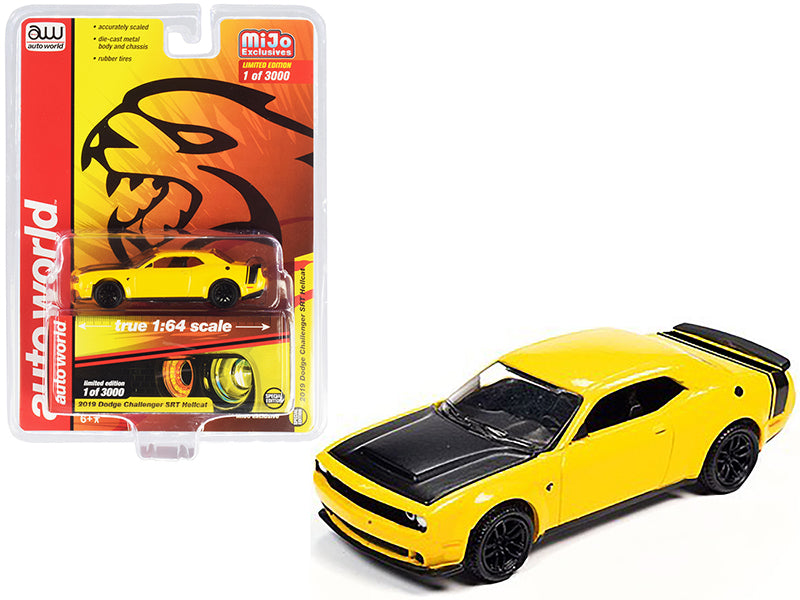 2019 Dodge Challenger SRT Hellcat Yellow / Black Hood & Tail Stripe Limited Edition to 3000 pieces 1:64 Diecast Model Car - Autoworld - CP7722