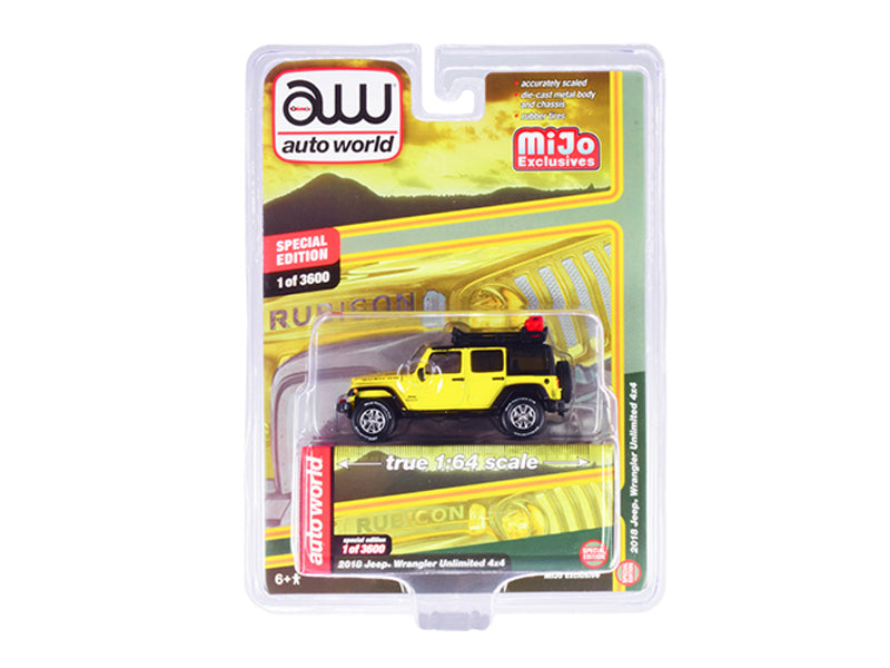 2018 Jeep Wrangler Rubicon Unlimited 4x4 Yellow w/ Roof Rack Limited to 3600 pcs Worldwide 1:64 Diecast Model - Autoworld CP7752