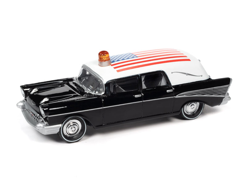 1957 Chevrolet Hearse Black w/ White Top and American Flag Graphic Diecast 1:64 Model Car - Johnny Lightning JLSP144