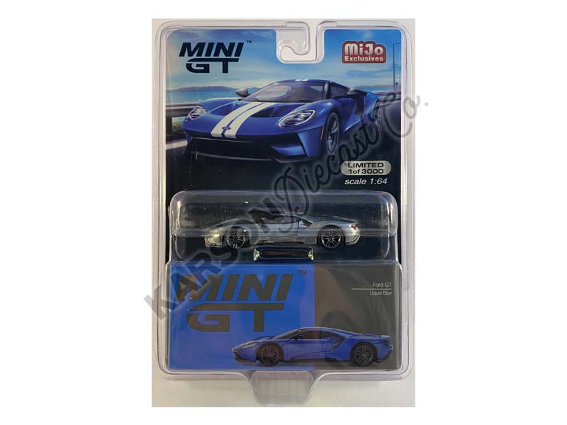 CHASE Ford GT Liquid Blue Metallic w/ White Racing Stripes Limited to 3000 pcs (MINI GT) 1:64 Diecast Model Car - True Scale Miniatures MGT00249