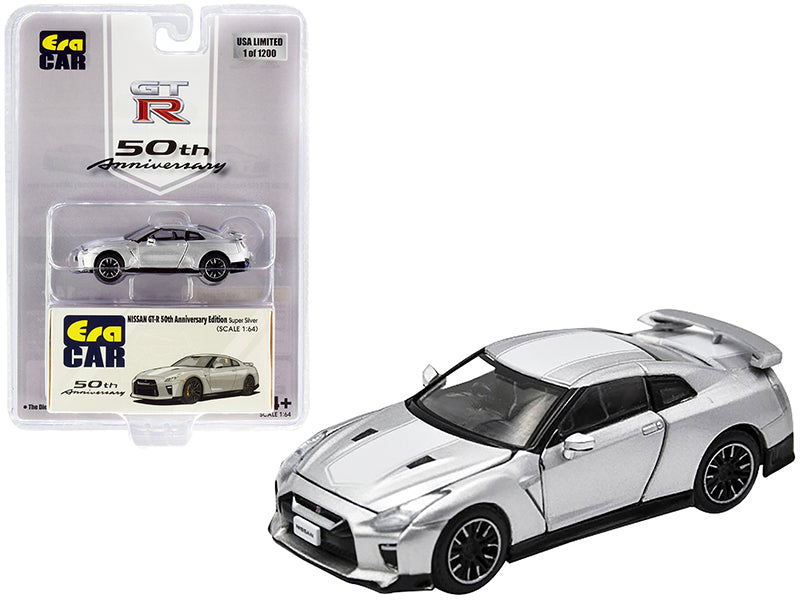 Nissan GT-R RHD (Right Hand Drive) Super Silver with White Stripe "50th Anniversary Edition" Limited Edition to 1200 pieces 1:64 Diecast Model Car - Era Car - NS20GTRSP25B